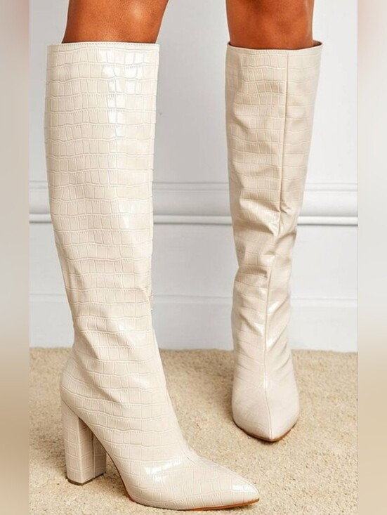 MIA Shoes - MIA Women's Knee-High Croc-Embossed Cream Boots